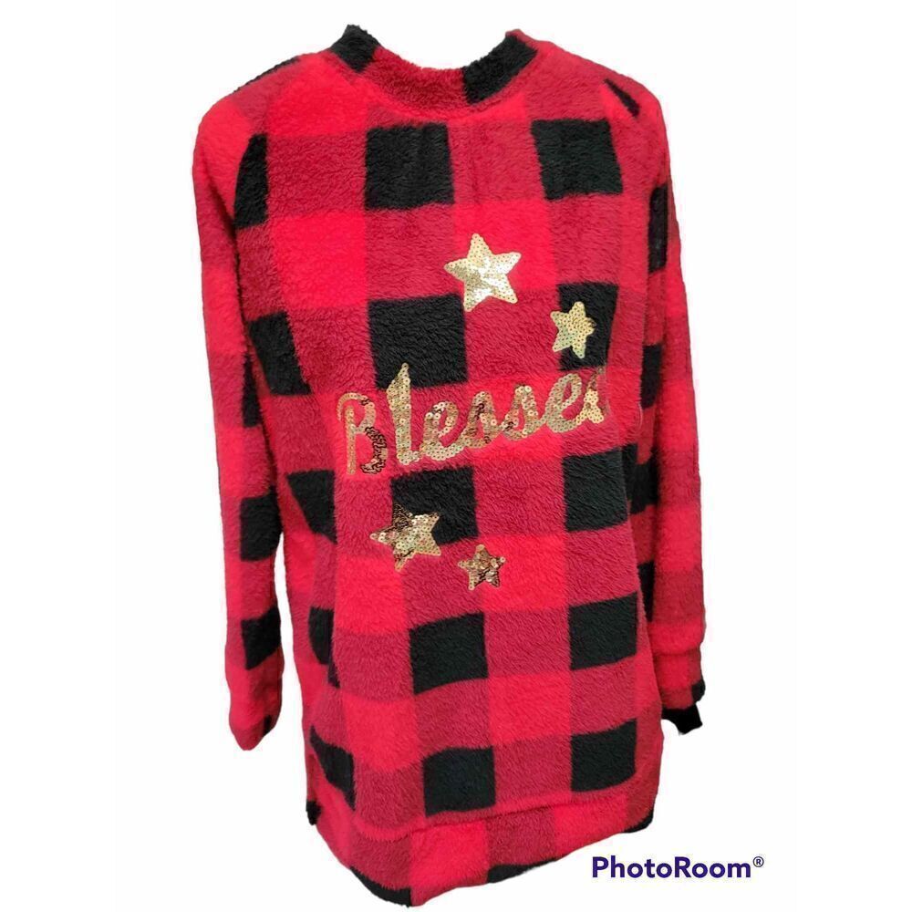 Joyland 'Blessed' Gold Sequins Red Buffalo Plaid Super Soft Plush Sz S New